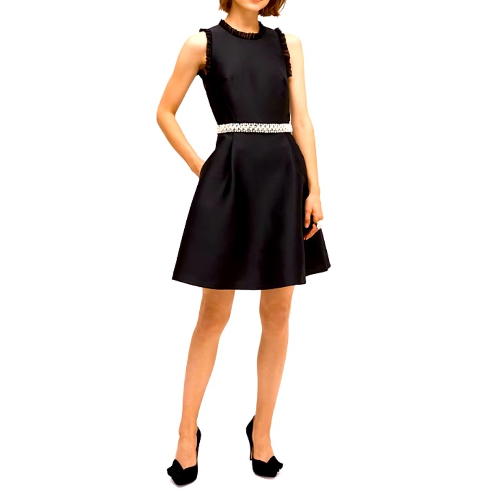 Kate Spade Black Ruffle Flare Sleeveless Crystal Mikado Mid Dress Size 12